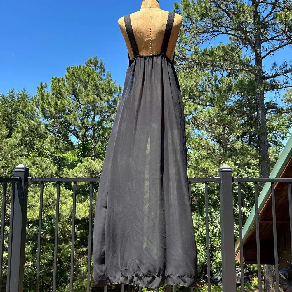 Vintage 80s/90s Black Sheer Chiffon Deep V Maxi Boho Grecian Goth Negligee Gown - Picture 8 of 9